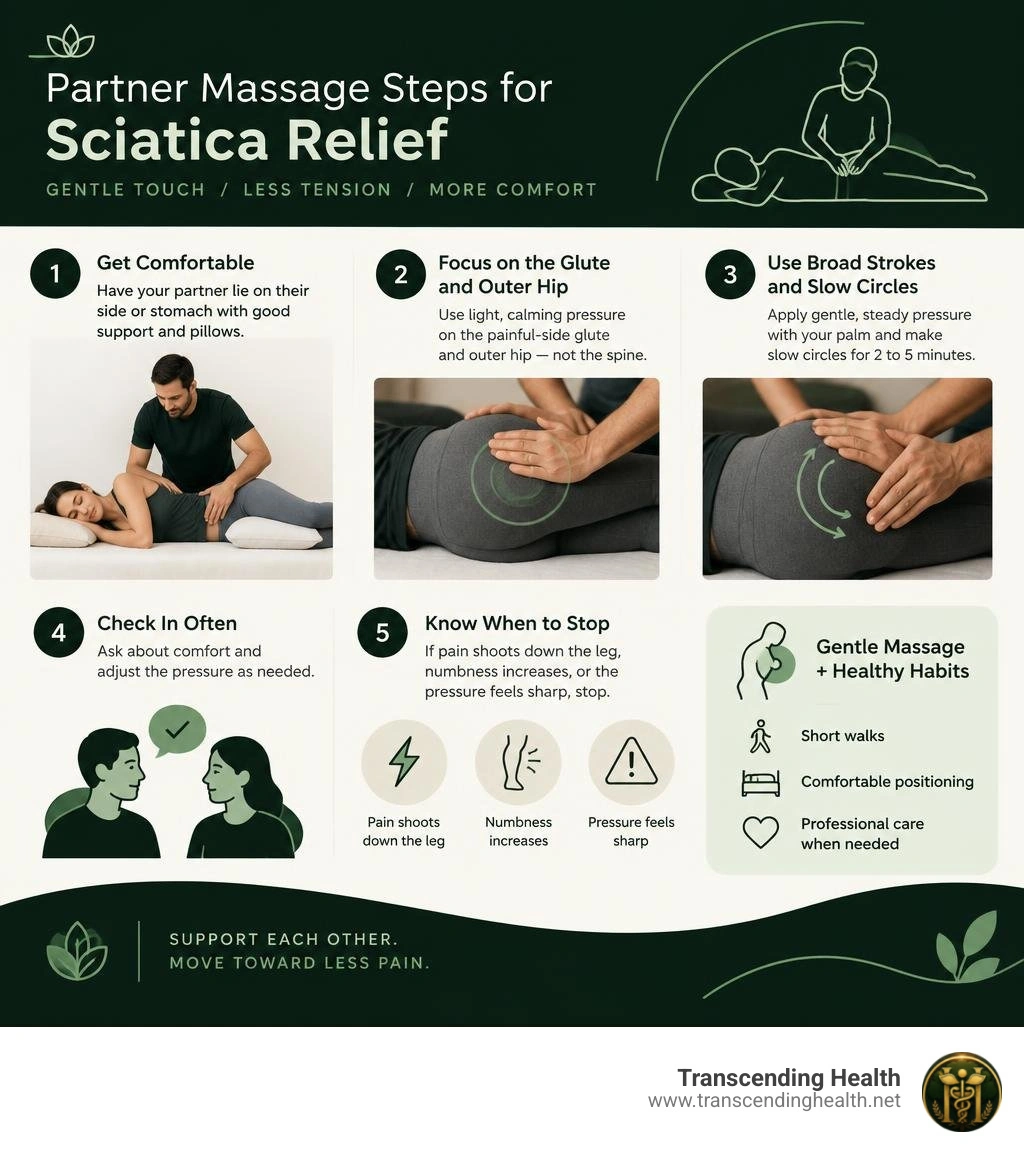 Partner massage steps for sciatica relief infographic Partner massage steps for sciatica relief infographic