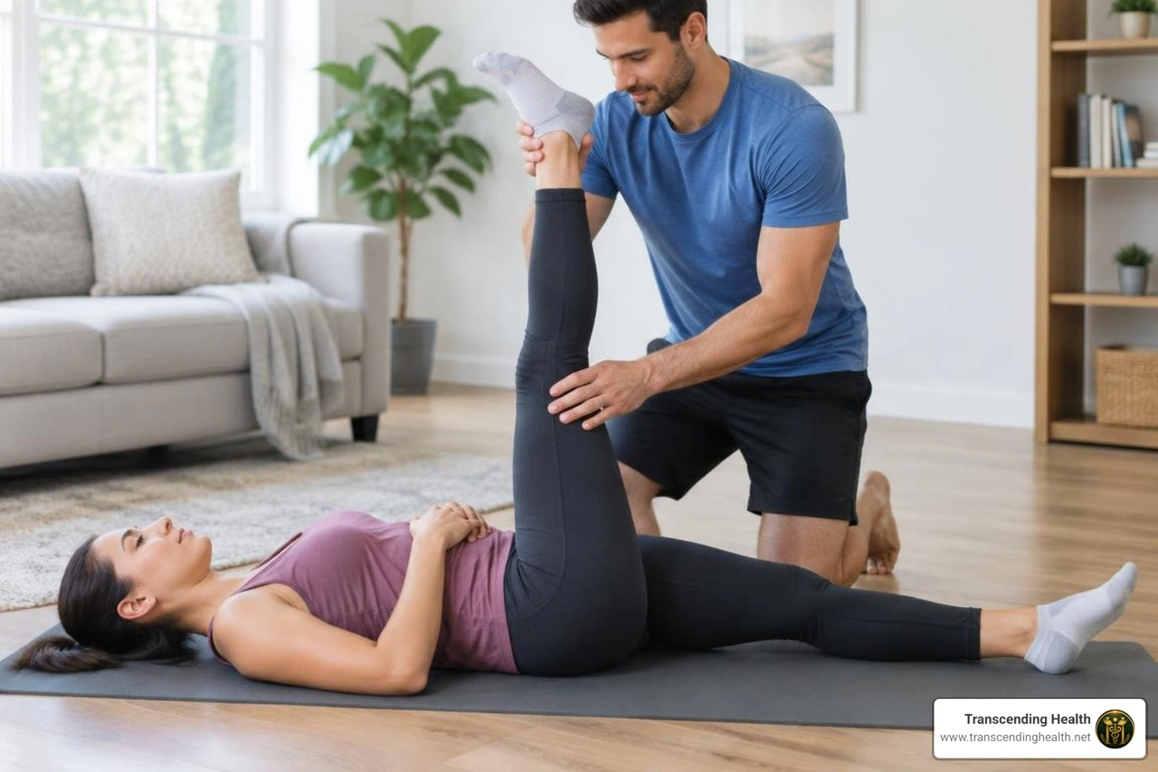 Couple practicing assisted supine hamstring stretching Couple practicing assisted supine hamstring stretching