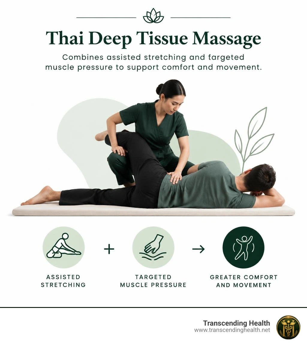 Thai deep tissue massage combines assisted stretching and targeted muscle pressure to support comfort and movement Thai deep tissue massage combines assisted stretching and targeted muscle pressure to support comfort and movement