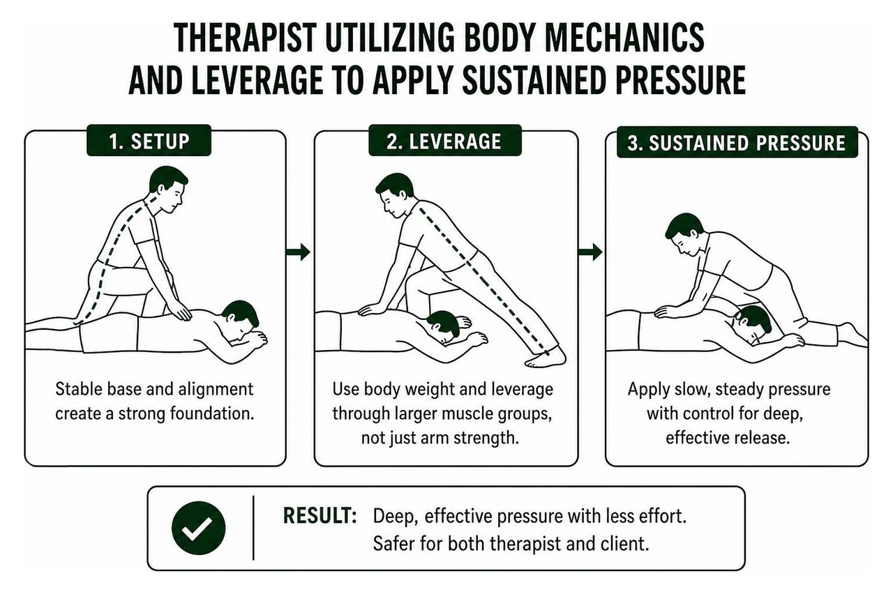 Therapist utilizing body mechanics and leverage to apply sustained pressure Therapist utilizing body mechanics and leverage to apply sustained pressure