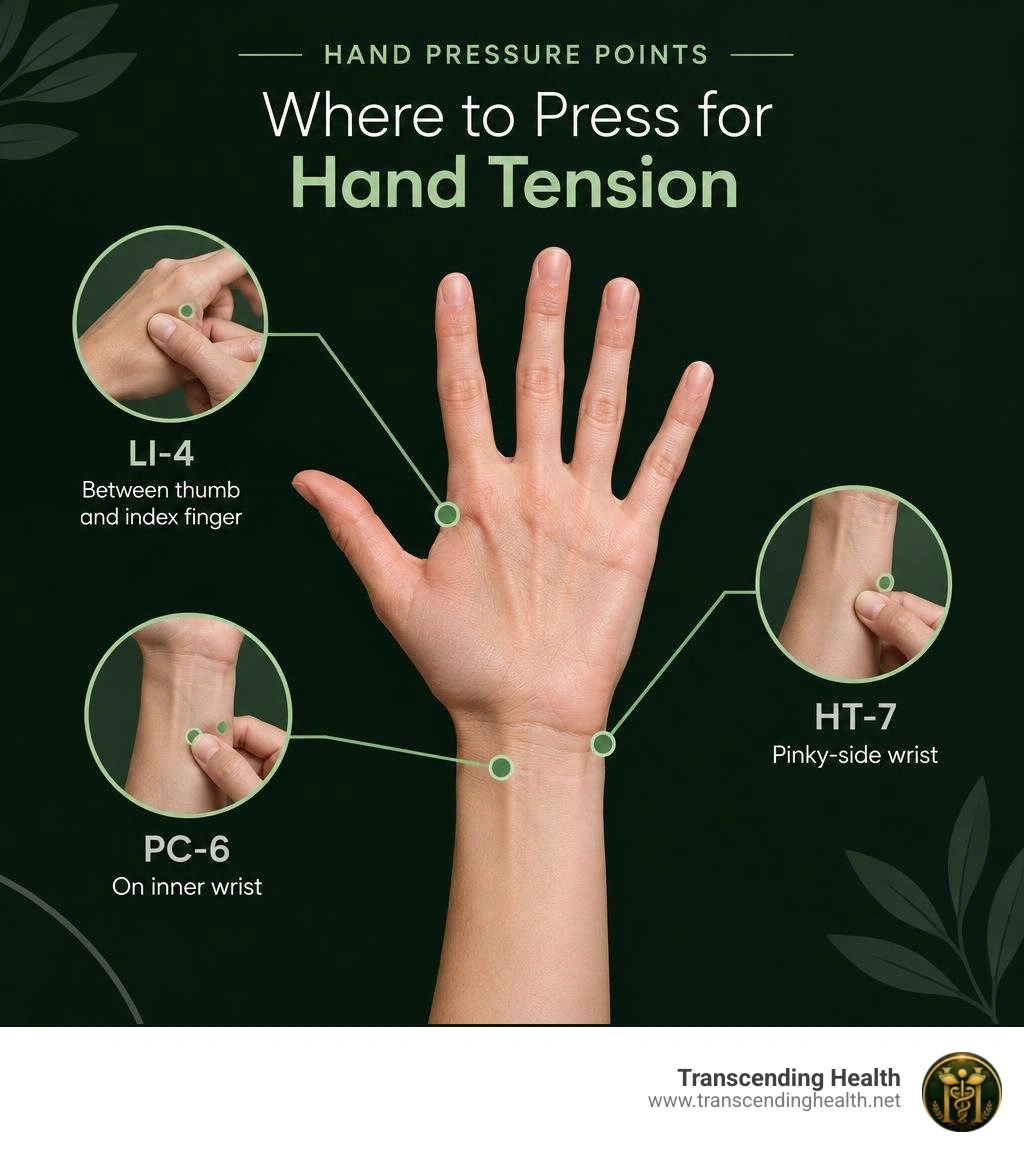 hand map showing LI-4 between thumb and index finger, PC-6 on inner wrist, and HT-7 at pinky-side wrist infographic