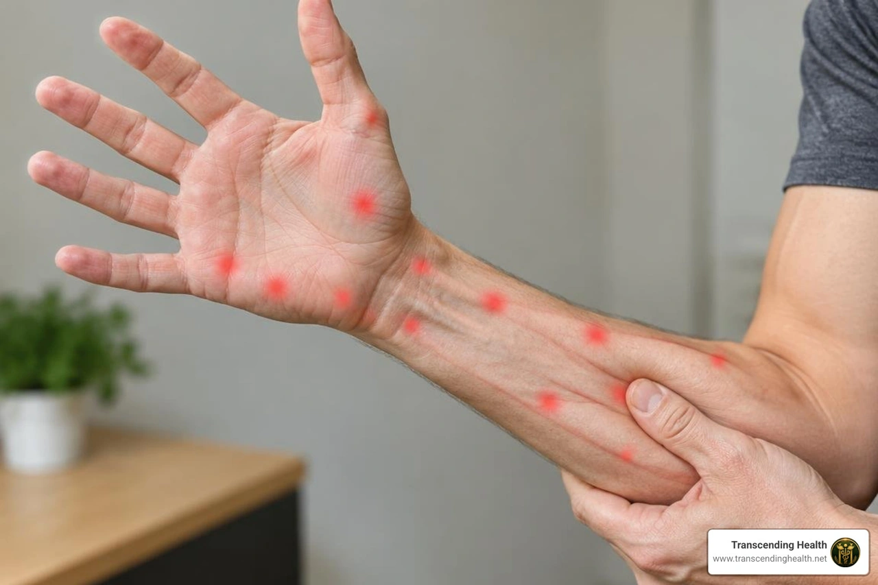 muscular trigger points across the palm, thumb web, and forearm flexors
