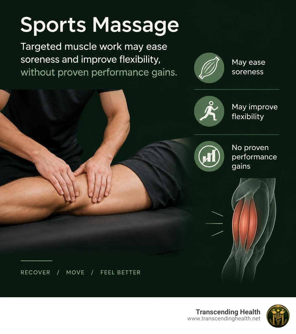 Sports massage: targeted muscle work may ease soreness and improve flexibility, without proven performance gains infographic Sports massage: targeted muscle work may ease soreness and improve flexibility, without proven performance gains infographic