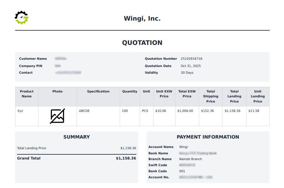 A screenshot of a sample quotation overview