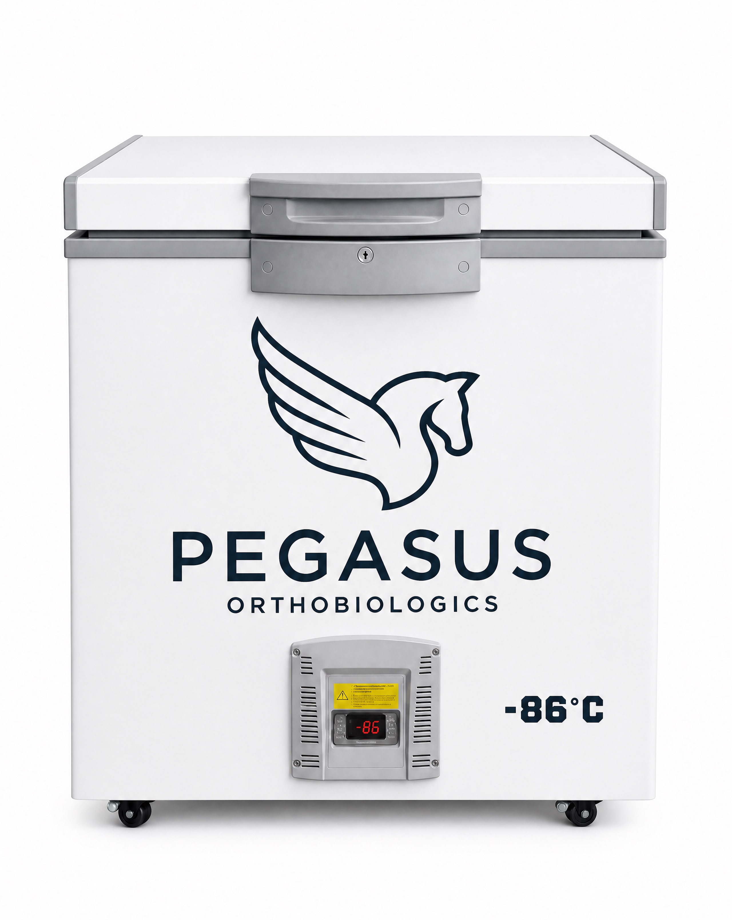 Pegasus Freezer, a white chest freezer with the Pegasus Orthobiologics logo
