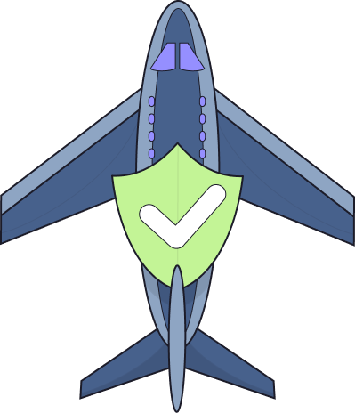 Aircraft protected by a shield representing aviation insurance coverage