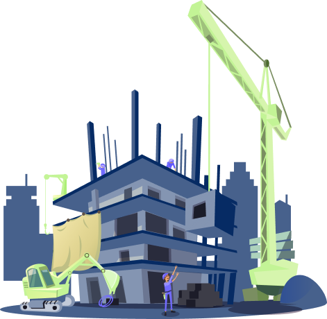 Commercial building under construction with cranes and construction equipment