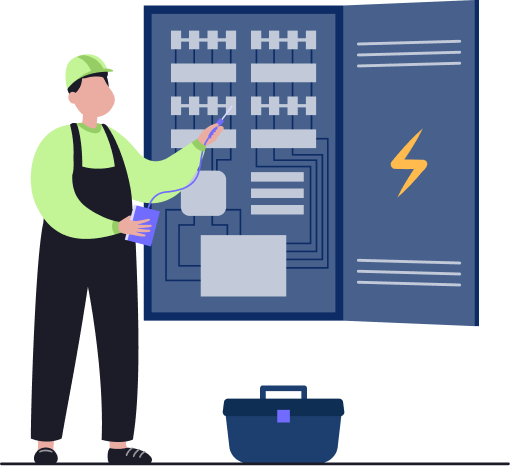 Technician inspecting an industrial electrical control panel