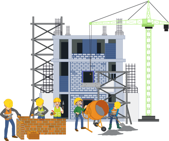 Commercial building under construction with cranes and construction equipment