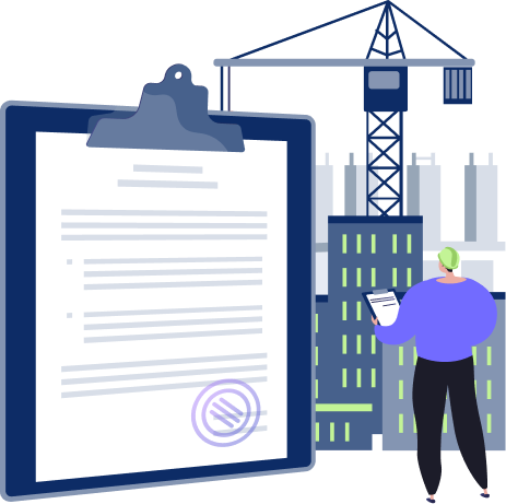 Real estate development documents beside a building under construction