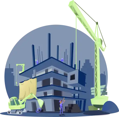 Construction workers constructing a building with heavy machinery