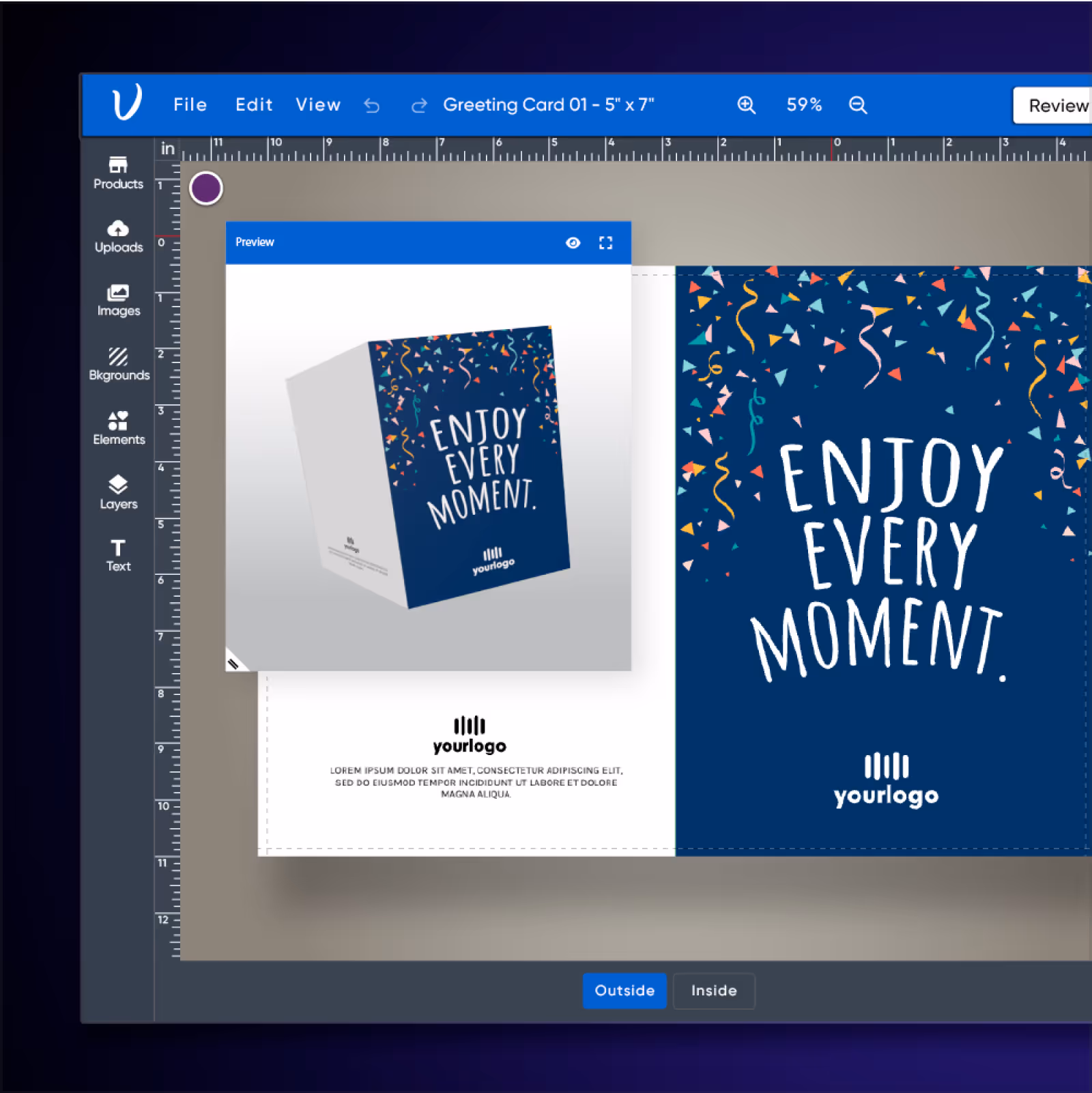 HTML5 web-to-print online editor for customizing and previewing print products with real-time design personalization.
