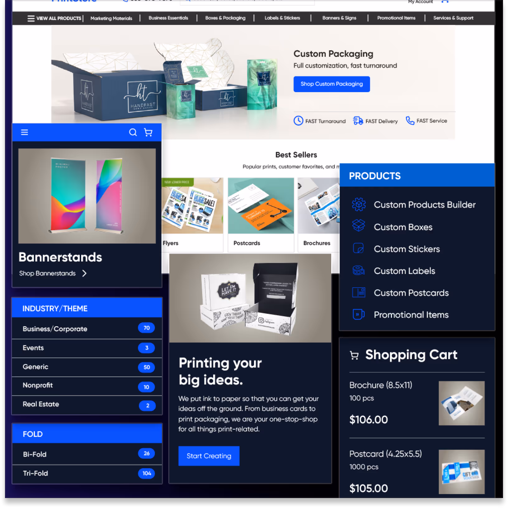 Online print store platform with streamlined order management for customers, print shop owners, and suppliers in the printing industry.