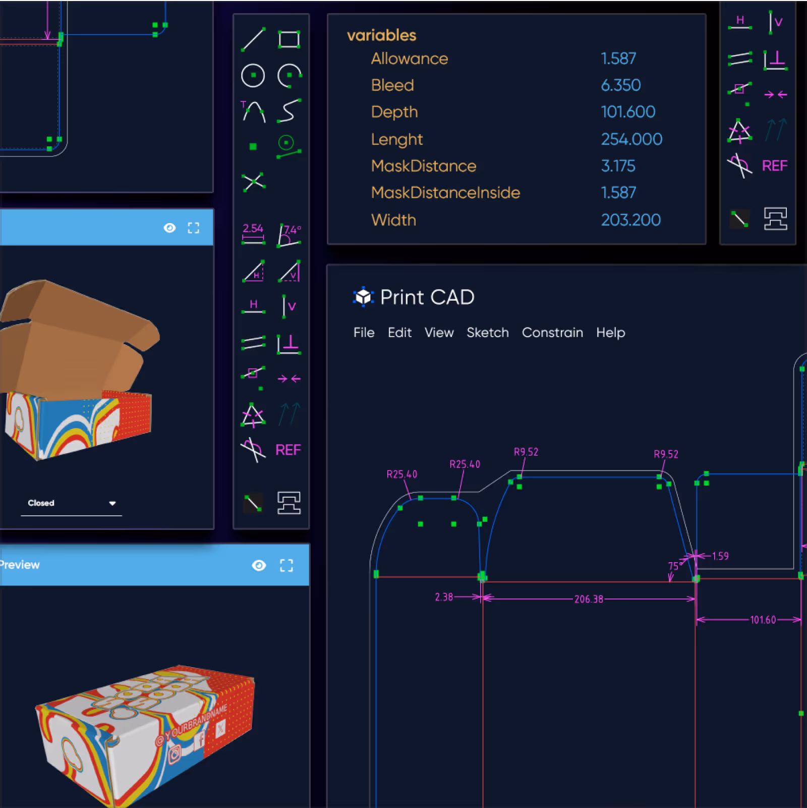 Web-to-pack eCommerce platform with CAD software for designing custom folding cartons and corrugated packaging online.