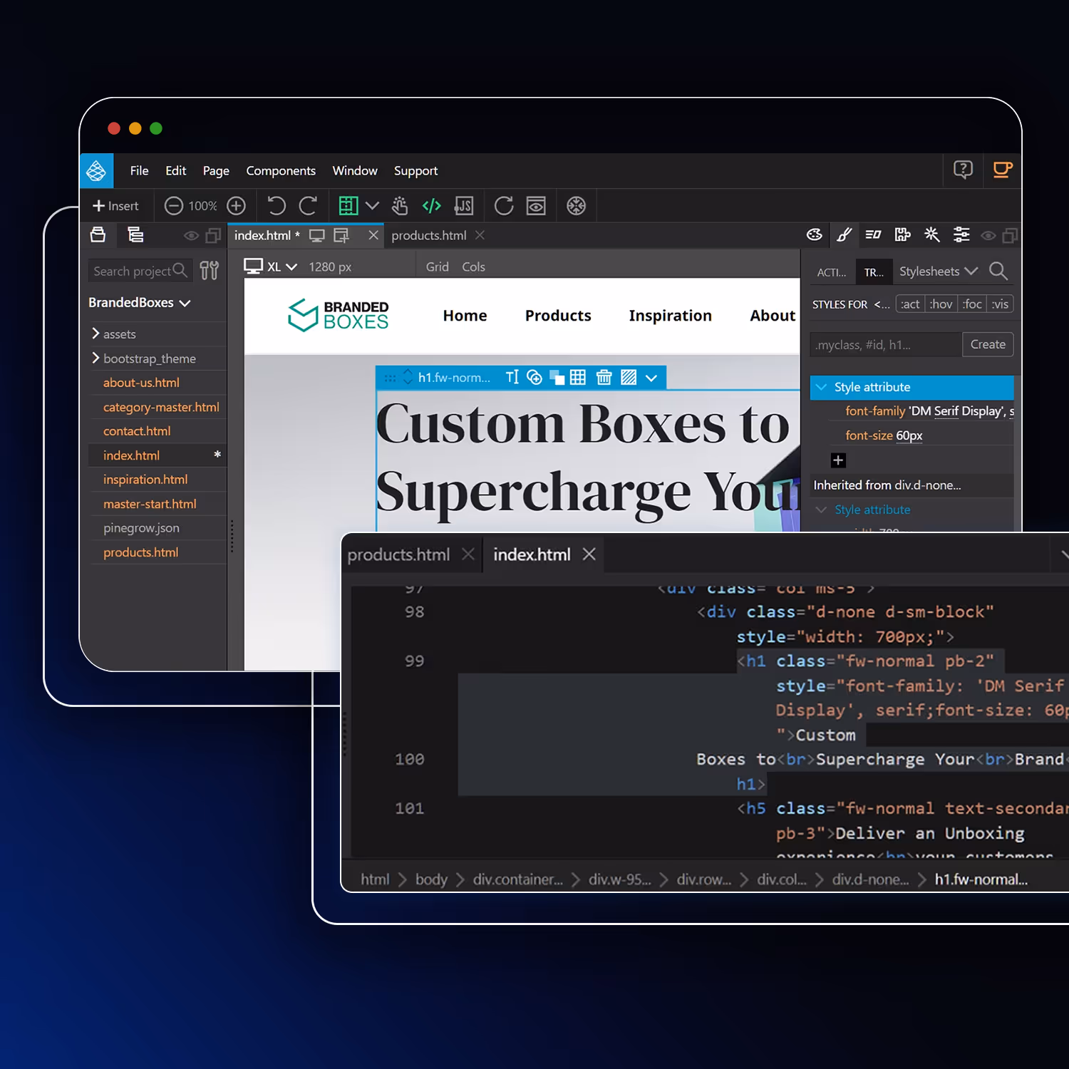 Customize page structure and styling using a builder with the Bootstrap framework for easy theme setup and editing.
