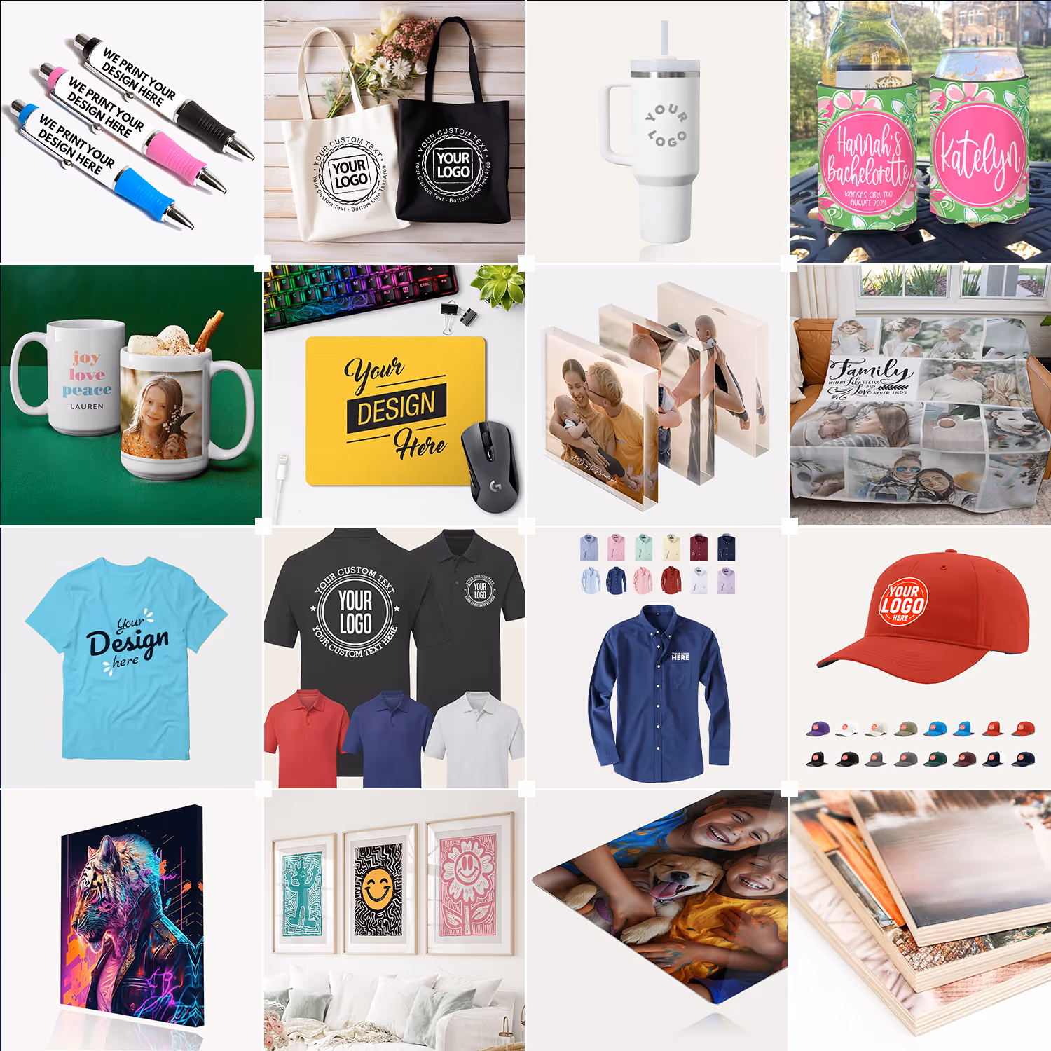 Custom prints digitally printed or transferred onto unique materials and physical items for personalized designs.