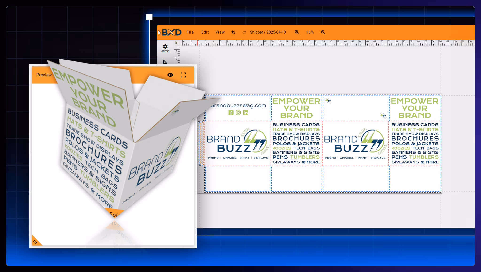Interactive 3D packaging designer icon, allowing clients to create and preview custom packaging designs in real-time with features like folding simulations and branded prototypes