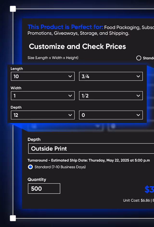 Product customization interface with live price updates as users select features like finish, color, and packaging type.