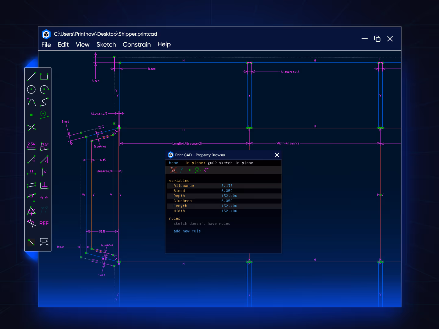 Interface showing input fields for defining variables and applying arithmetic expressions to design parameters.