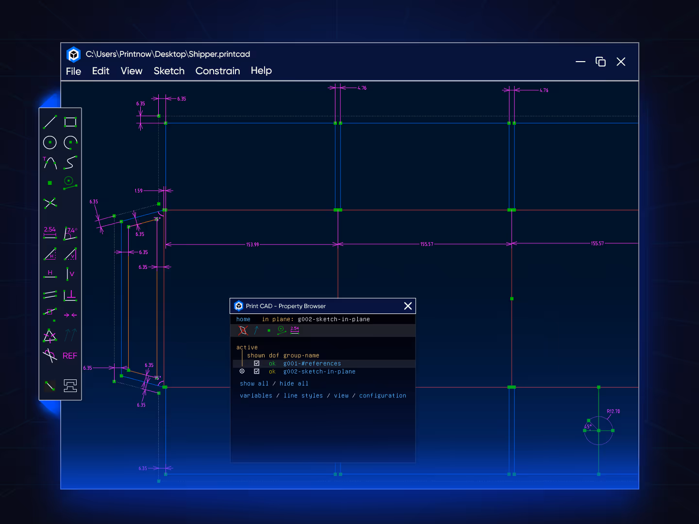 Design interface displaying tools for adding dimensions and constraints to a structural layout or dieline.