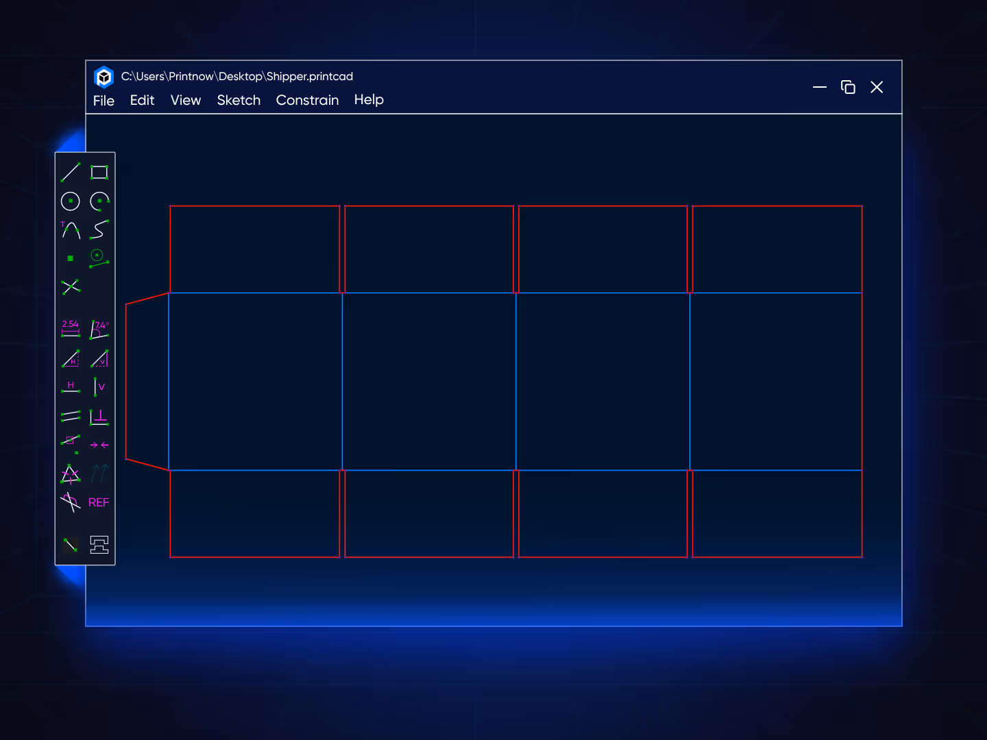 Design interface with an option to import a dieline file to begin custom packaging design.