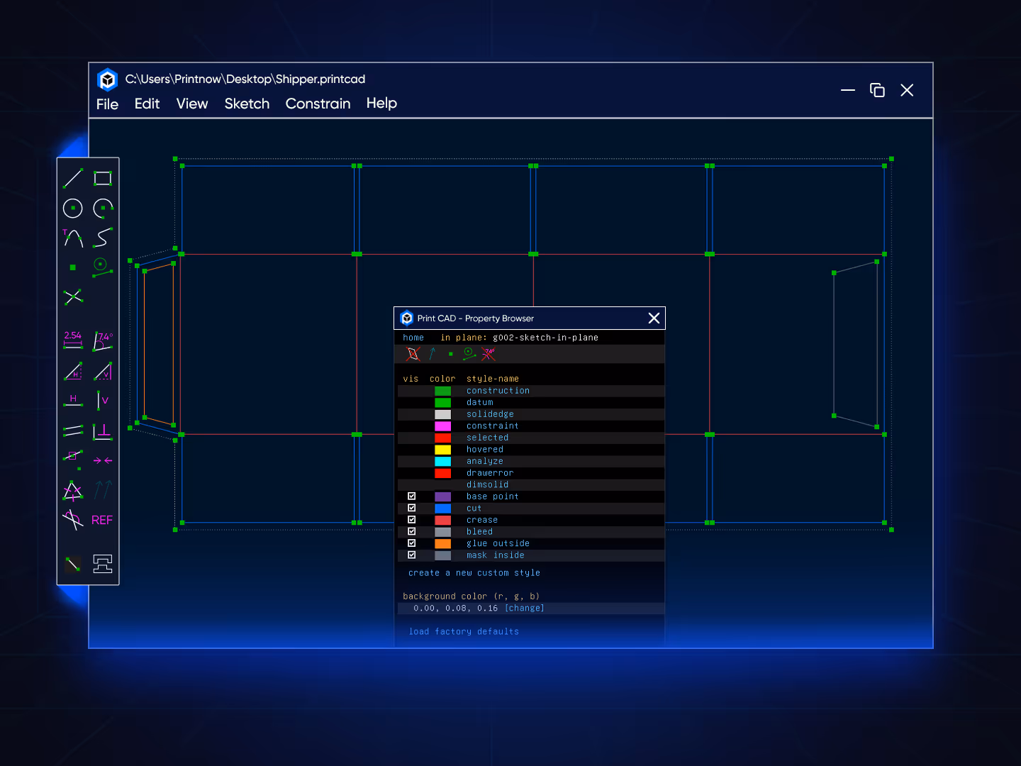Design interface showing line style settings with options for non-print masks and bleed area configurations.