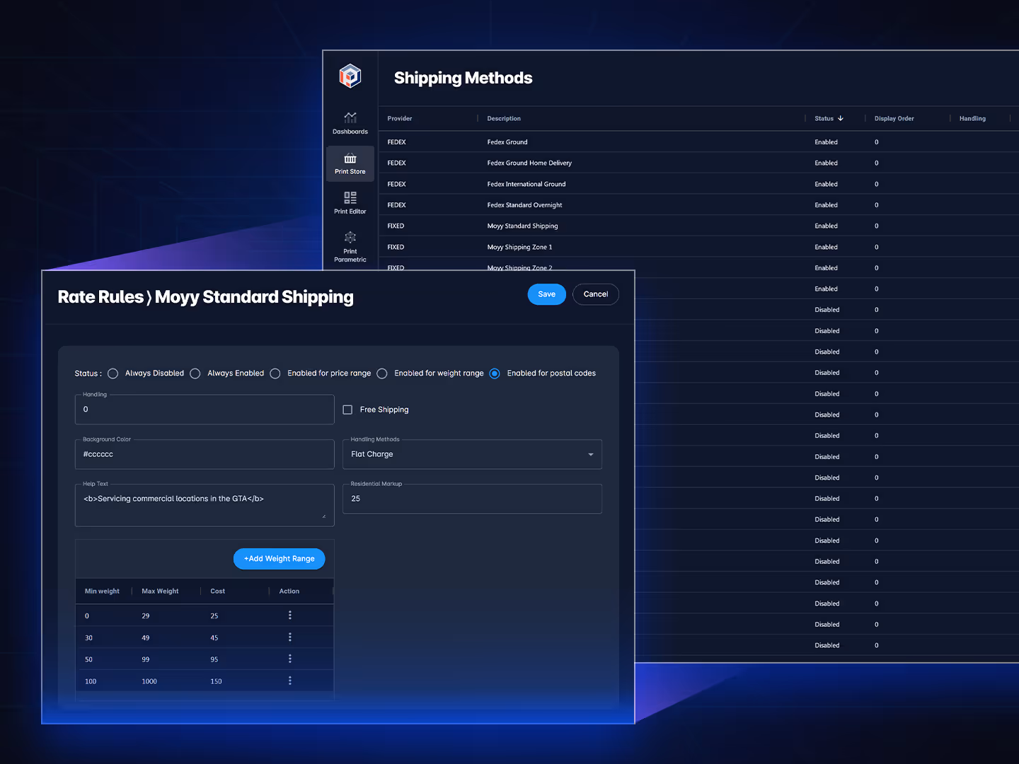 Form allowing users to set fixed shipping rates or enable live rate calculation from selected carriers.