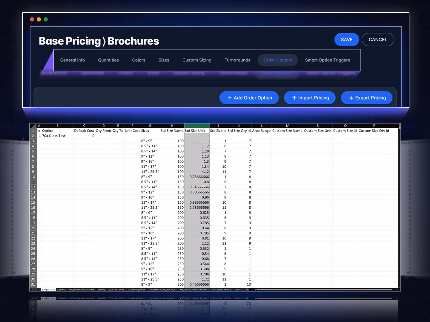 Interface showing options to export and import pricing data in Excel format with upload and download buttons.