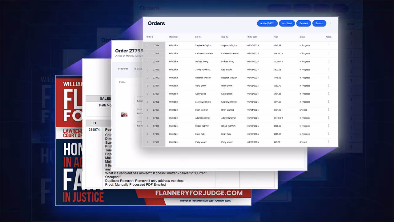 Order management dashboard displaying product orders with customer names, statuses, and delivery dates.