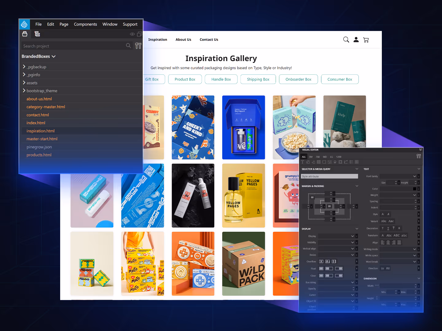 Design software interface with visual tools for editing layouts and customizing themes without an internet connection.
