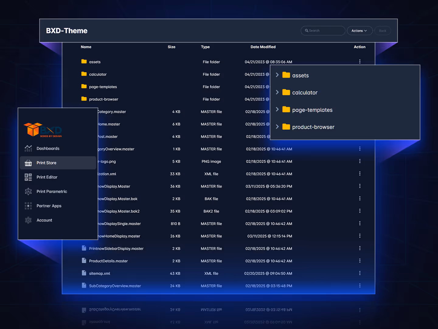Unified Admin interface displaying a list of site themes with options to preview, edit, or activate each theme.