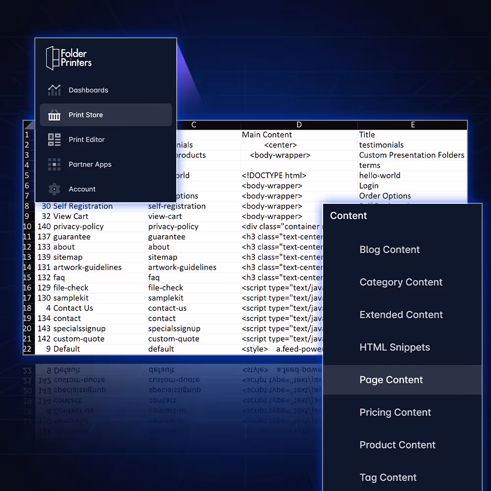 CMS interface displaying organized content types including pages, categories, products, tags, and blogs with options to add new items or import from Excel.