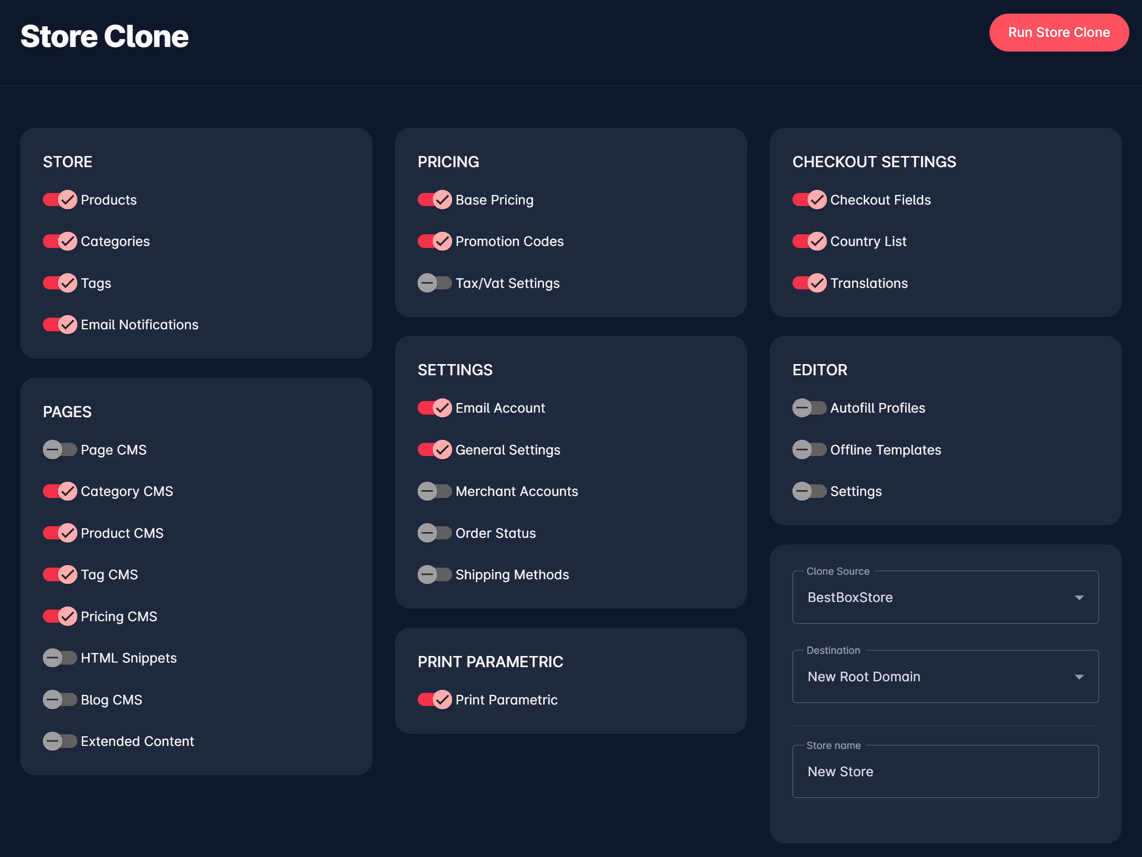 Admin interface showing store cloning options with buttons to duplicate an existing store setup for quick deployment or redesign.
