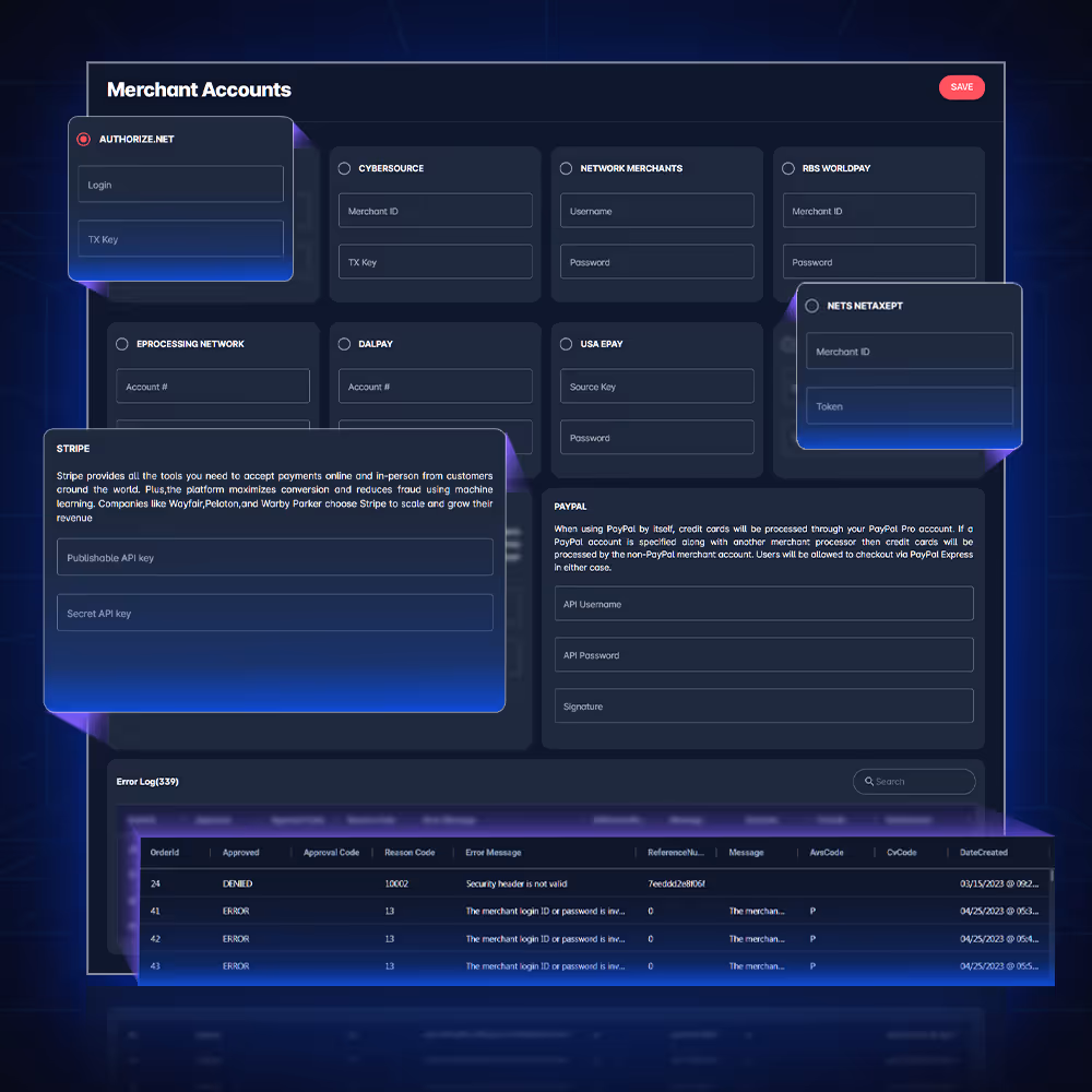 Settings panel for enabling a merchant account with fields for payment gateway credentials and credit card processing options.