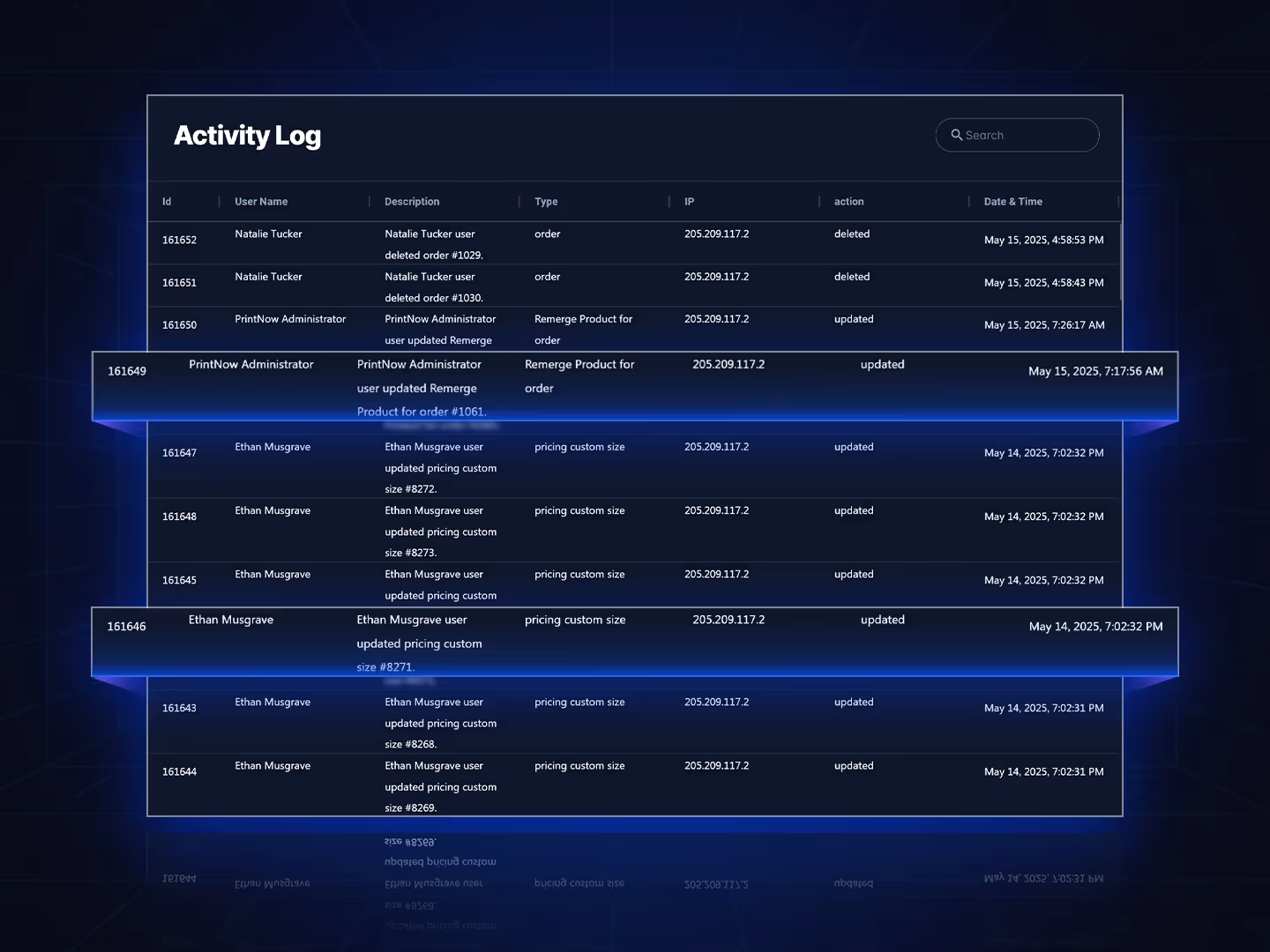 Activity log showing a chronological list of system changes with timestamps, user names, and actions performed.