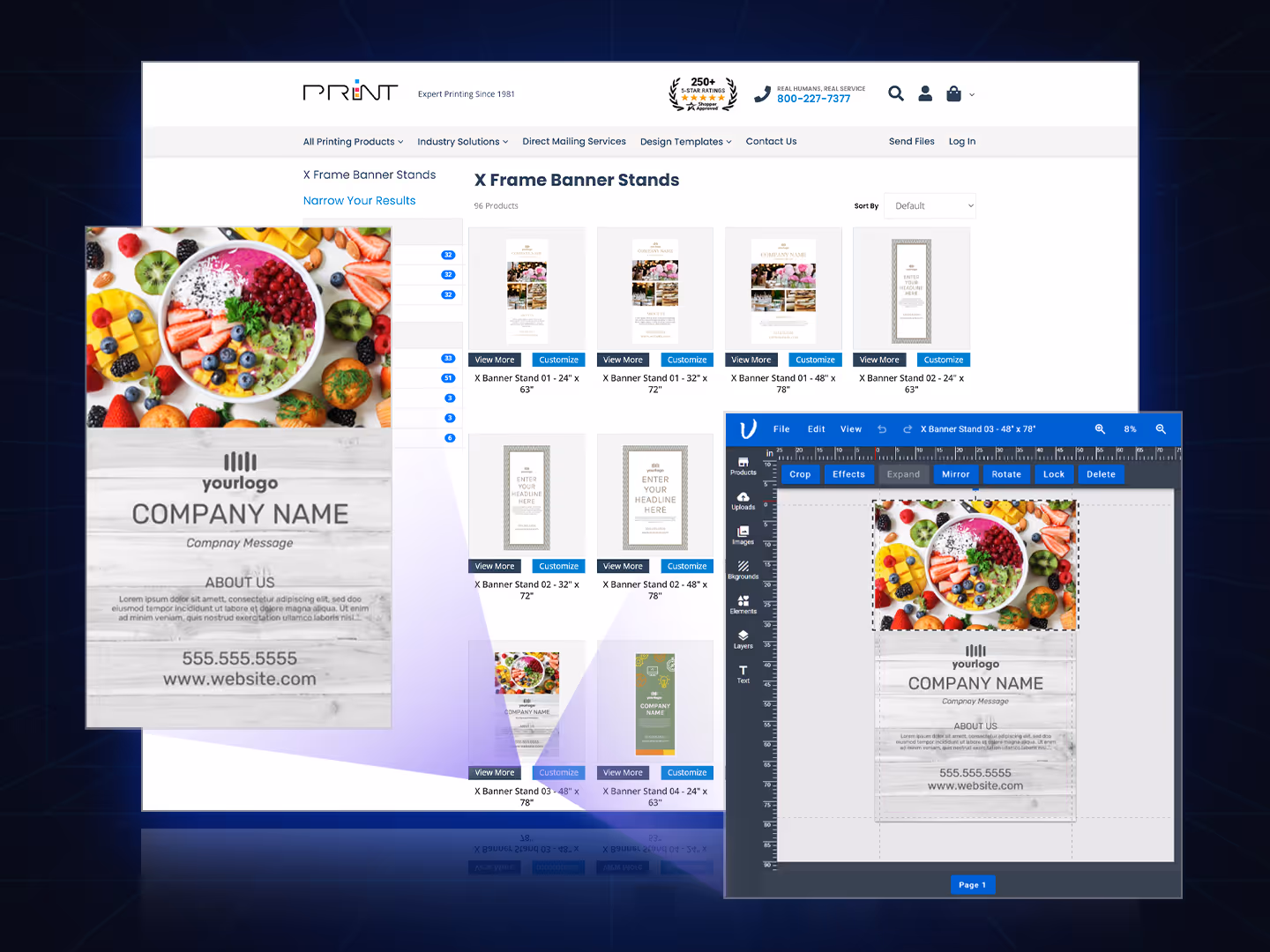 E-commerce interface displaying standard add-to-cart items alongside customizable template products with design buttons.