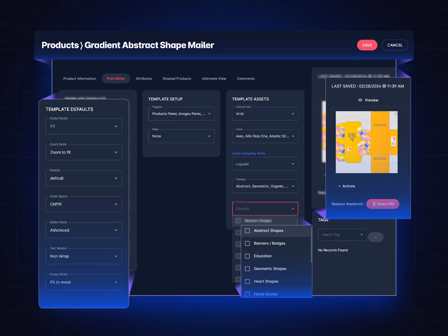 Admin interface showing linked asset libraries with options to manage images, templates, and design files accessible to users.