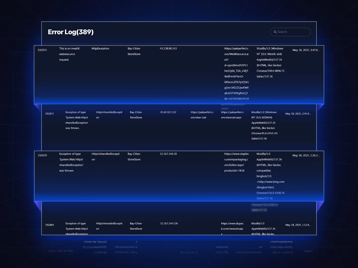 Error log interface showing a list of system errors with timestamps, error types, messages, and related deployment details.