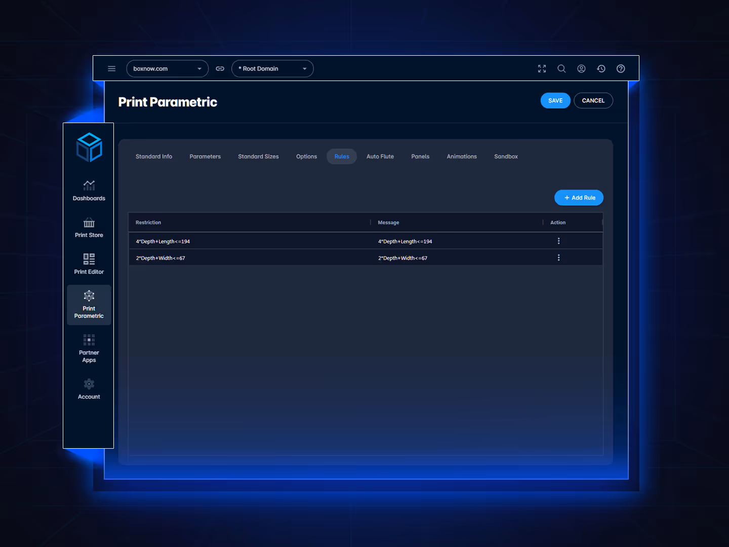 Interface for managing conditional logic rules with fields for conditions, triggers, and actions.