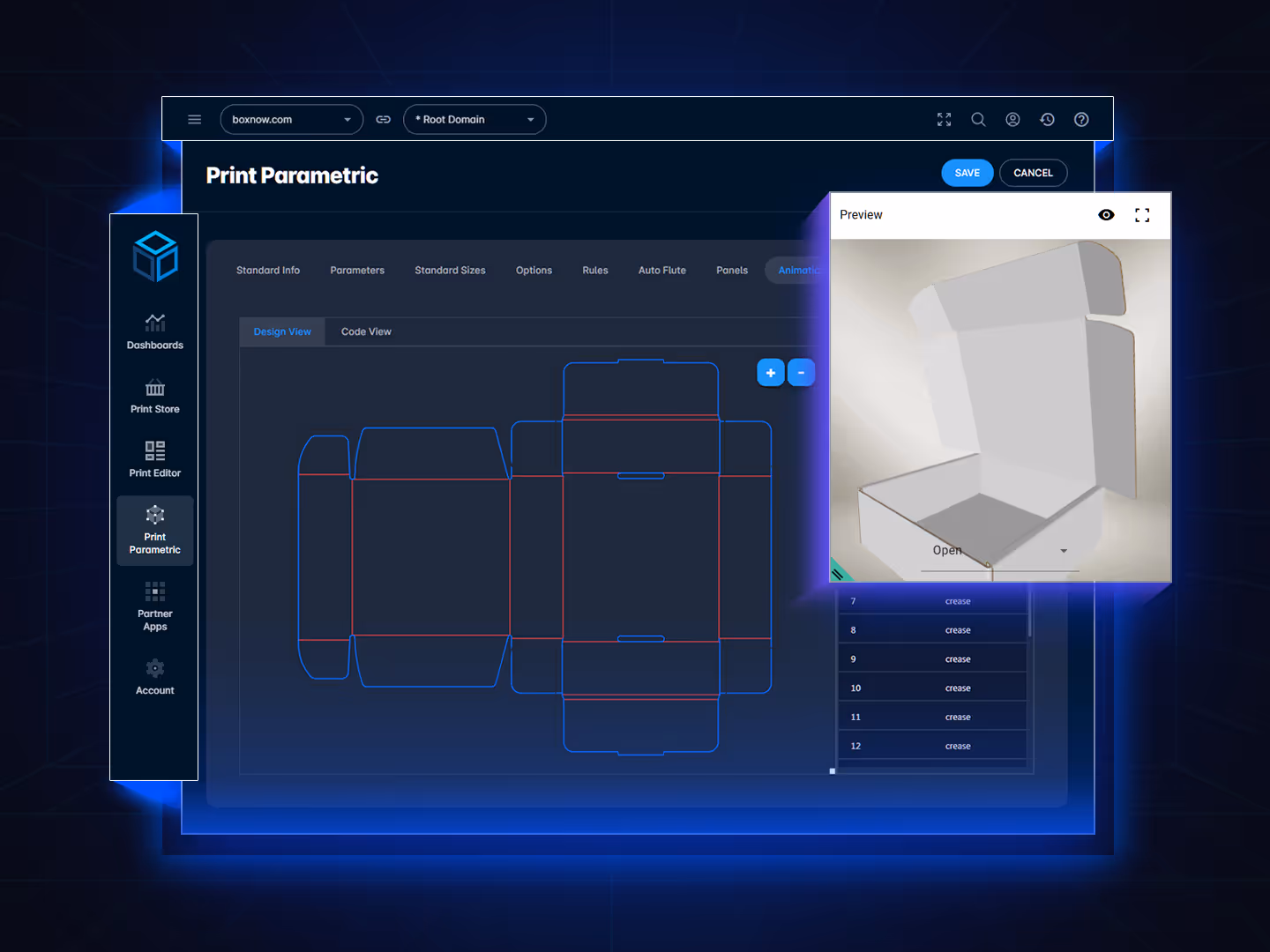 Design interface for configuring panel layout, setting fold angles, and previewing step-by-step folding animations.