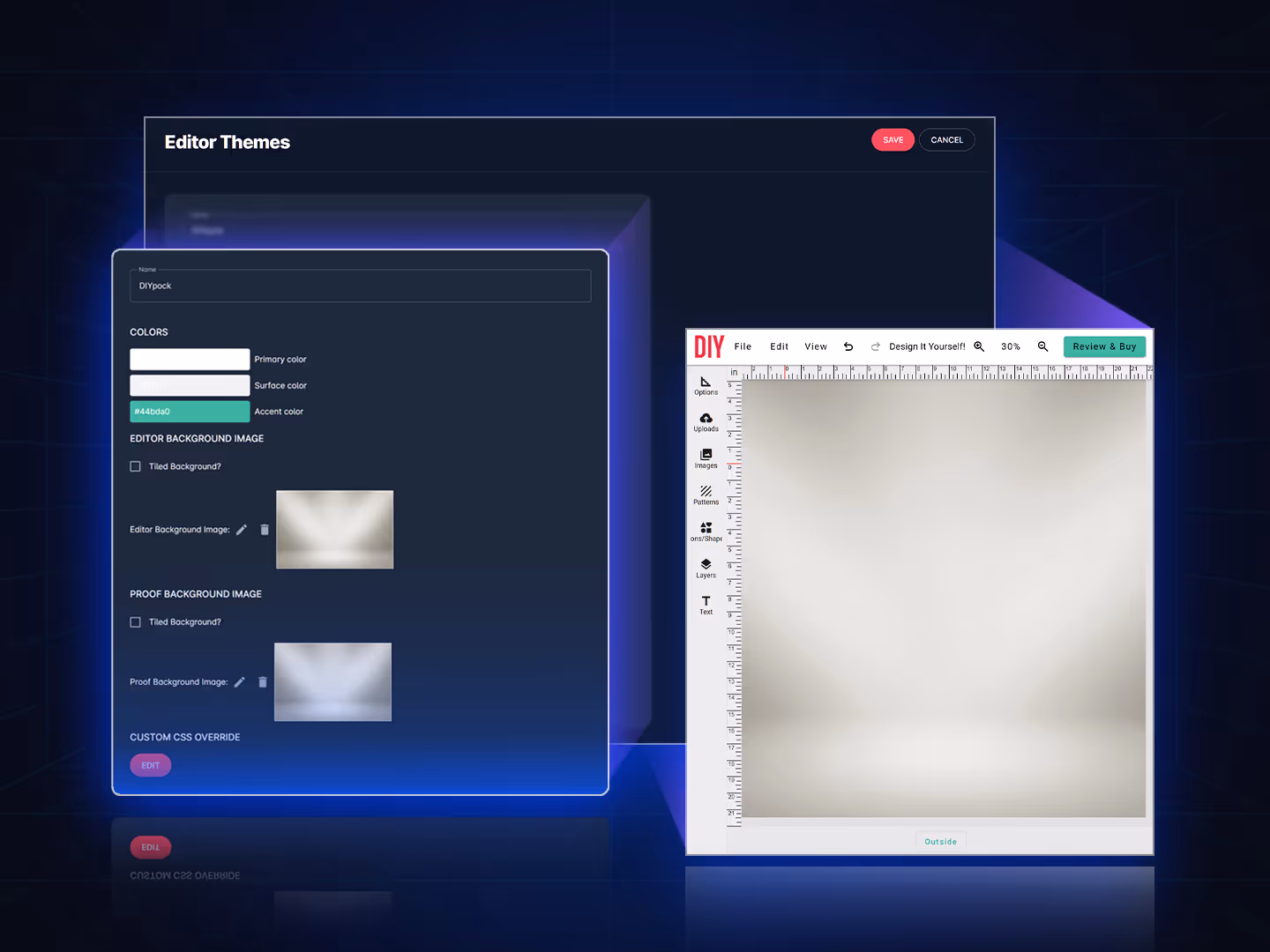 Print Editor interface with customization options for colors, fonts, and layout to personalize the theme.