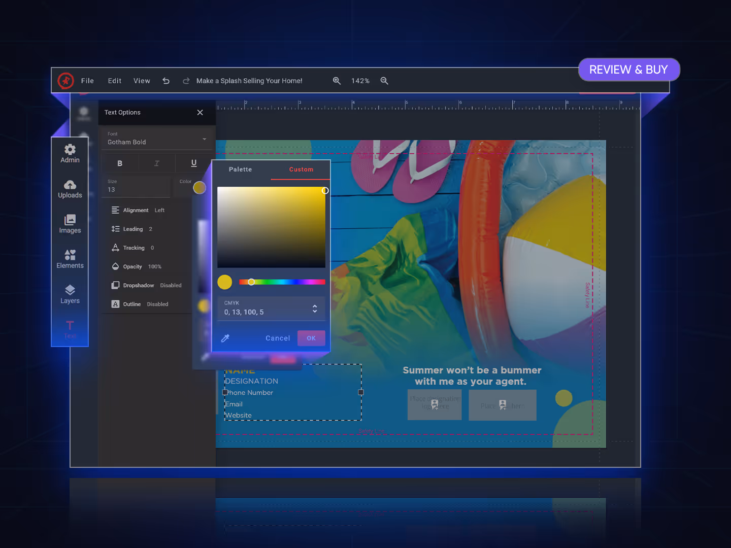Design tool interface showing a modern color palette for customizing text and images.