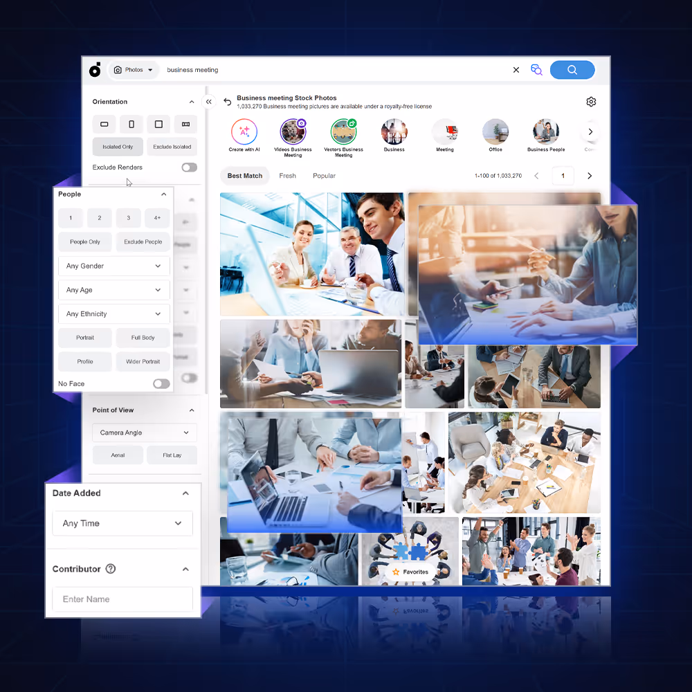 Design interface showing stock photo and vector file search results with filter options