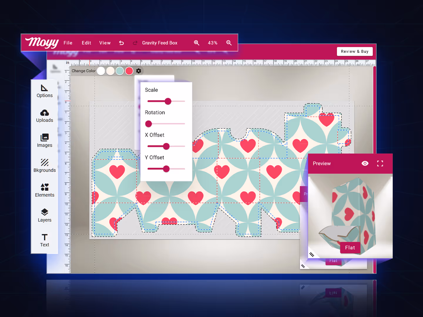 Design mockup showing editable patterns, colorful backgrounds, and flexible layout options.