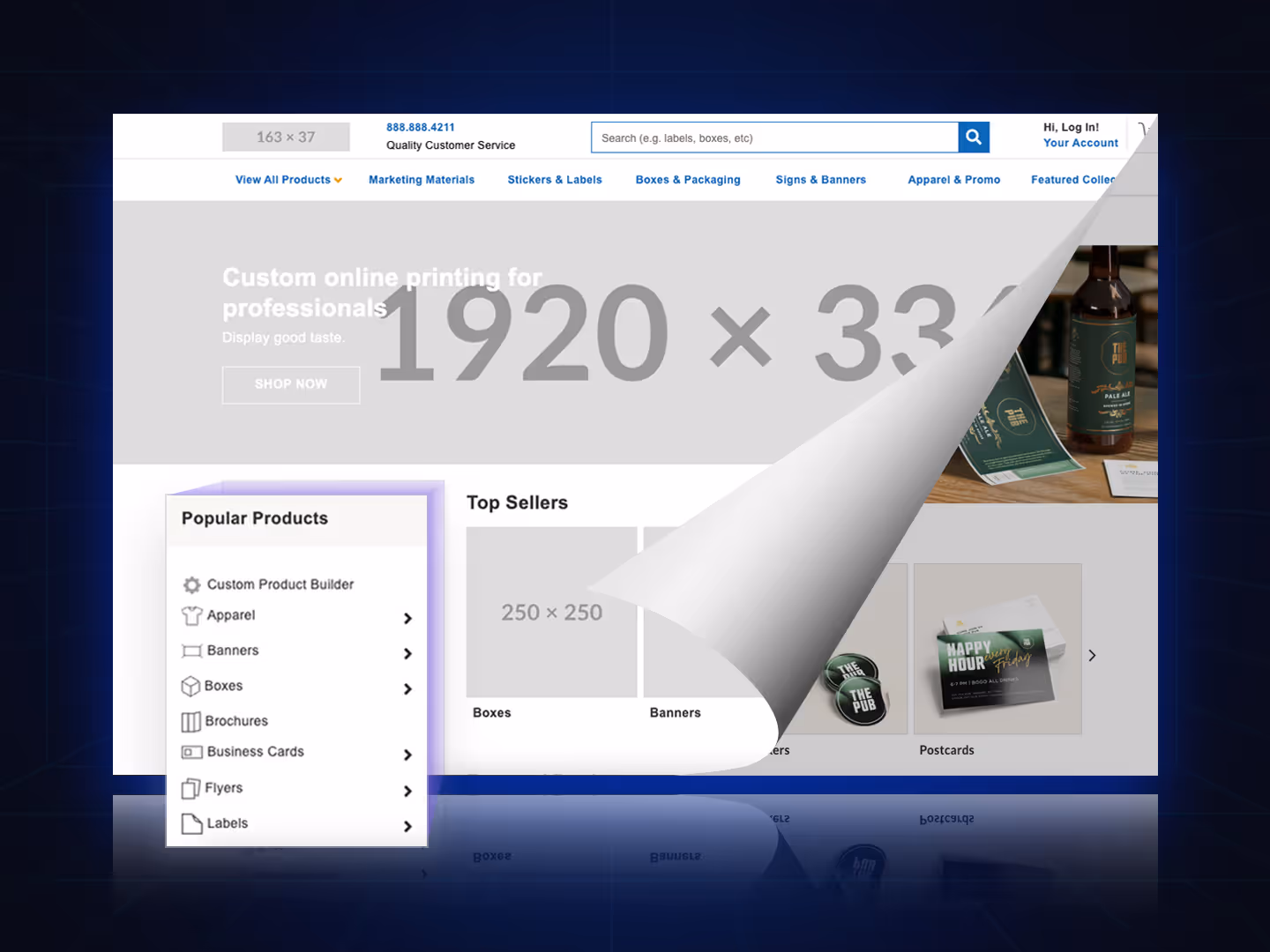 Interface for creating product landing pages by category with layout options, banners, and featured product sections.