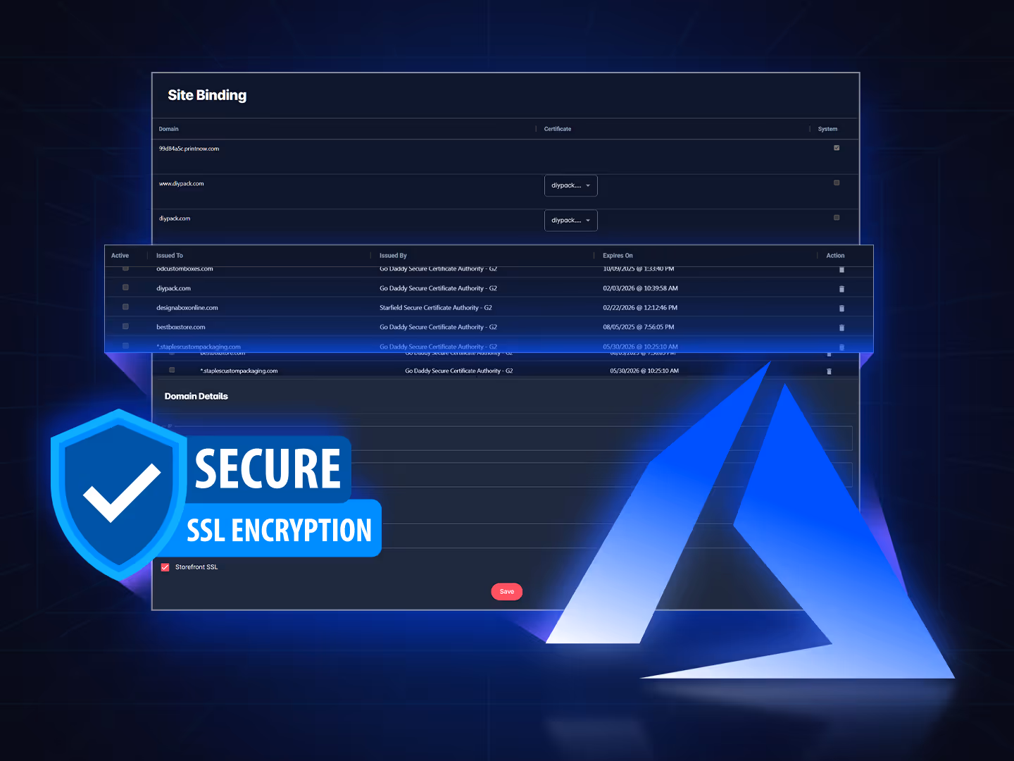 Admin interface for adding custom domain bindings with fields for domain name, SSL status, and certificate management options.