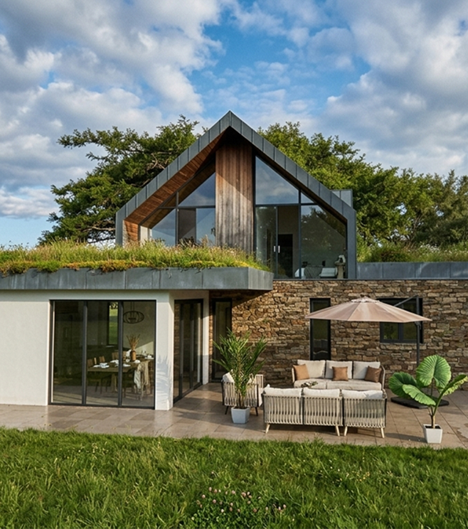 Exterior of modern A-frame outdoor building with large glass windows overlooking Ashbourne countryside. Stone patio landscaping features a circular fire pit and outdoor seating.