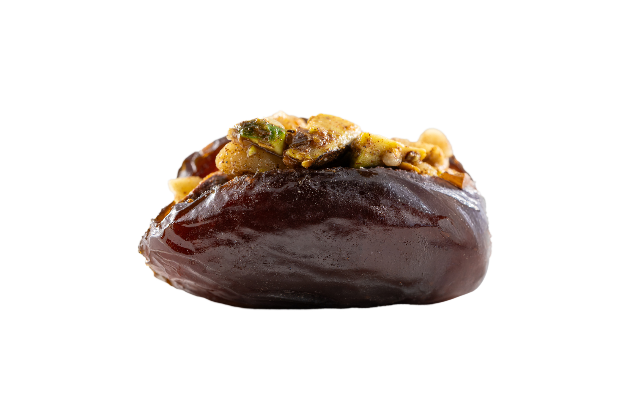 Medjool date filled with walnuts, pistachios, honey, and warm spices inspired by classic baklava flavors.