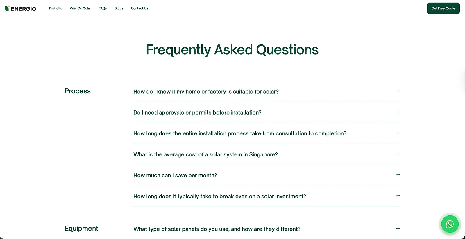 Energio website FAQ page