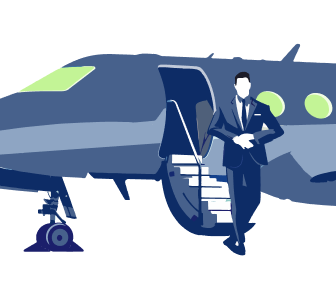 Illustration of a professional man standing beside a private jet for private aircraft insurance